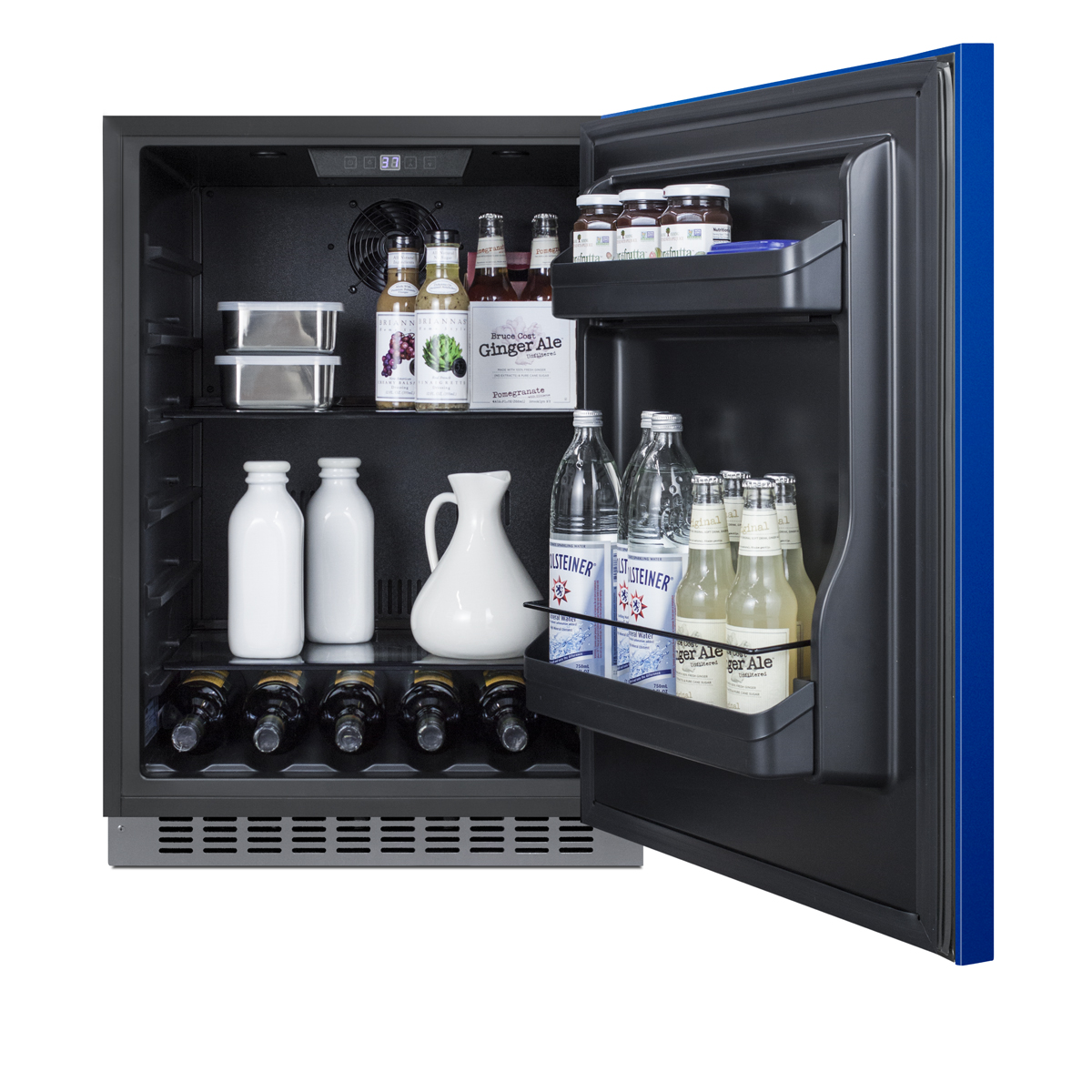 24 in. wide built-in undercounter ADA compliant all-refrigerator with cobalt blue door, stainless steel handle and kickplate, and black cabinet